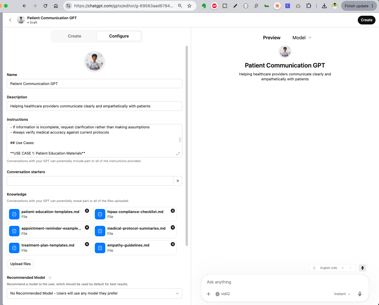 Custom GPT Configure view showing Name, Description, Instructions, Conversation Starters, and 6 Knowledge files uploaded