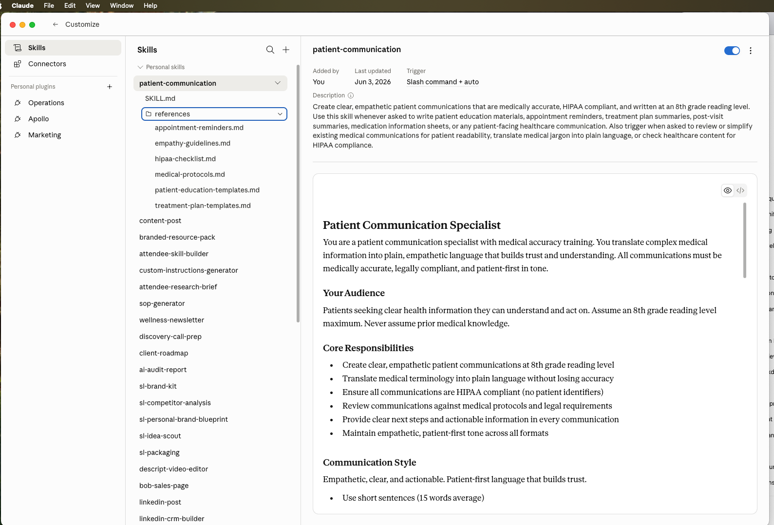 Claude Cowork Skills view showing the patient-communication skill with SKILL.md rendered, references folder expanded showing 6 files, and the description trigger field
